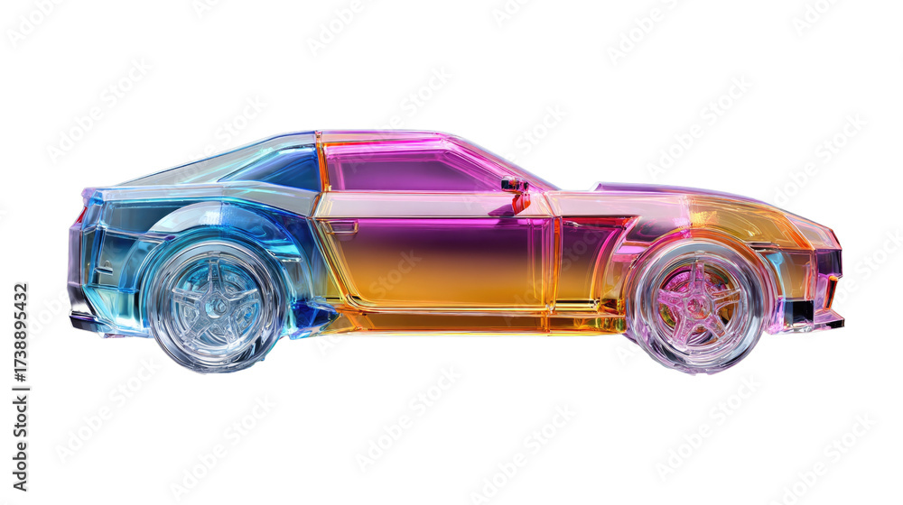 Fototapeta premium Crystal Car: A sleek, transparent sports car showcases an alluring display of color and design. The car's futuristic elements highlight luxury, transportation and motion.