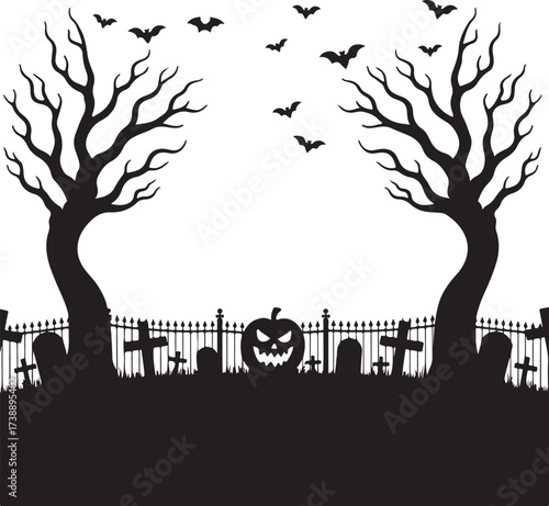 Halloween graveyard scene with spooky trees bats and pumpkin