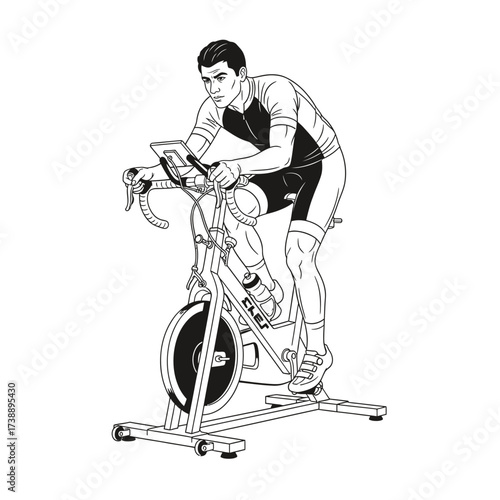 A focused cyclist illustration in black and white pedaling on a stationary bike workout
