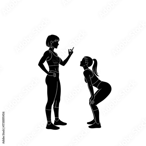 Fitness instructor coaching a young woman demonstrating exercise form, emphasizing posture