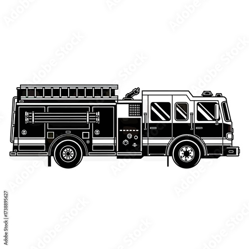 Stylized Monochrome Fire Engine Illustration Depicting Emergency Services and Safety