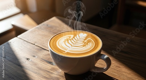 Creamy Latte With Latte Art On Wooden Table In Warm Morning Light