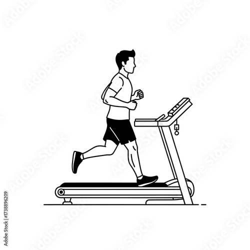 Single line drawing of a man jogging on a treadmill for fitness and wellness
