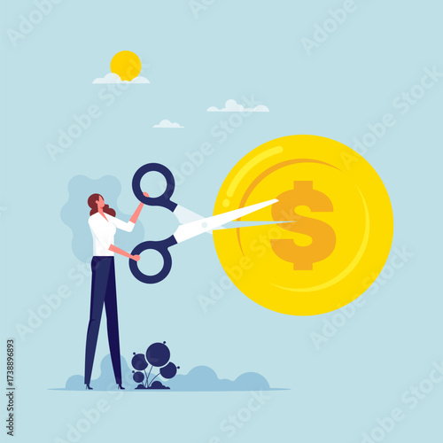 Cost saving idea, cost reduction or decrease expense concept, cutting or lowering price, businesswoman cutting dollar coin in half