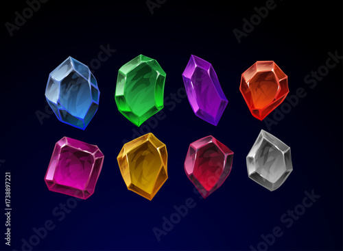 Fantasy RPG crystal gem set. Colorful magic gemstone collection for trading card game, treasure icon, reward element, and adventure interface. Shiny jewel asset for board games and digital RPG UI