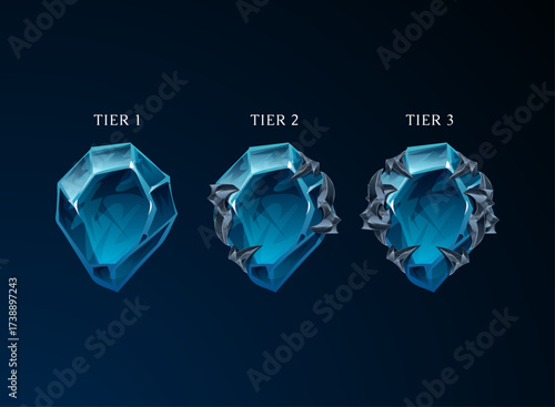 Tier level crystal evolution set. Fantasy gemstone progression from tier 1 to tier 3 with spiked armor design, magical collectible resource for RPG games and trading card projects rune upgrade element