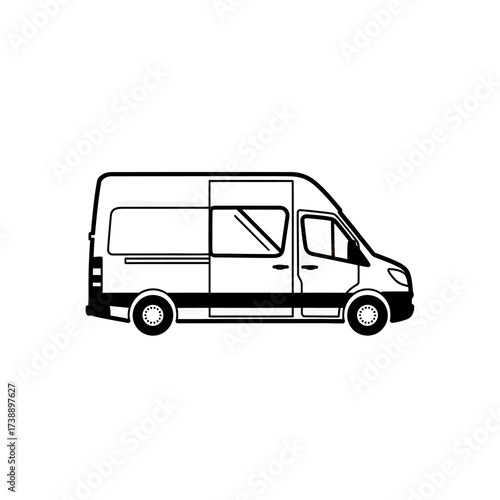 Simple black and white line illustration of a cargo van isolated on a white background