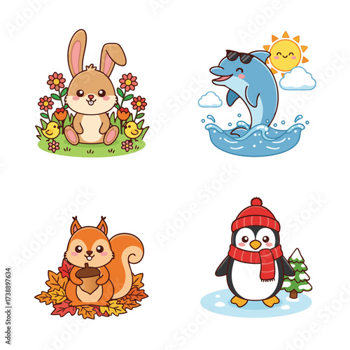 Charming Cartoon Animals Enjoying Different Seasons and Activities