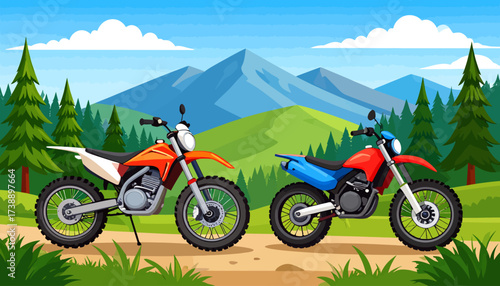 Two dirt bikes parked on a trail with a mountain backdrop.
