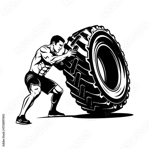 A strong man exercises and pushes a massive tire to build muscle strength training
