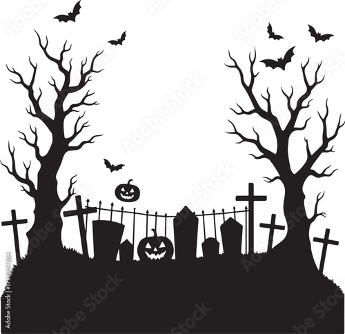 Halloween graveyard silhouette with bare trees bats and pumpkins