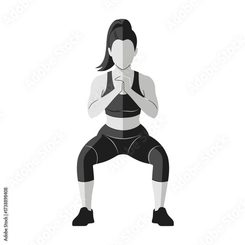 Woman practicing squat exercise for strength training in stylized monochrome vector art
