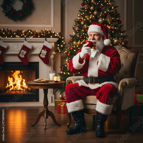 Santa Claus's Festive Feast: Santa Claus enjoys a festive moment, indulging in a snack beside a crackling fireplace, illuminated by twinkling lights and seasonal decorations.
