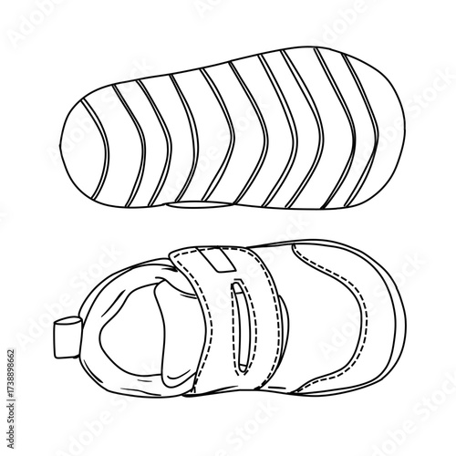 Black and white illustration of a baby shoe, showing the sole and the side view with a velcro strap.