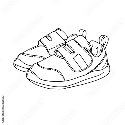 Detailed line art illustration of a pair of baby shoes with hook and loop fasteners, perfect for educational or design projects.