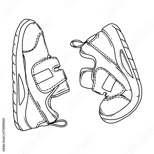 A line art illustration of a pair of childrens shoes with hook and loop fastener, showcasing simple design and practical footwear for kids.