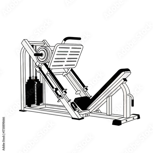 Detailed line illustration of a leg press machine for strength training and exercise regimen