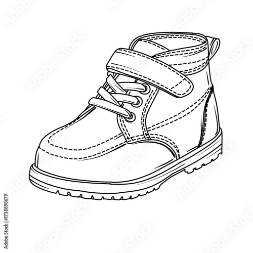 A detailed line art illustration of a toddlers boot, showcasing laces, a strap, and stitching details.