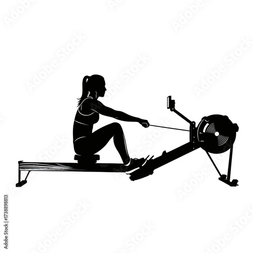 Silhouette of athletic woman exercising on rowing machine for fitness and wellness