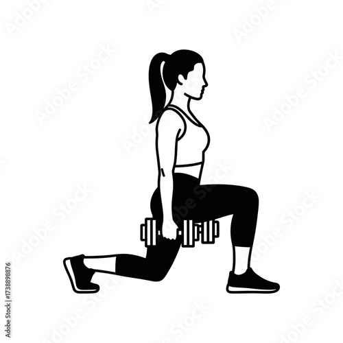 Silhouette illustration of a woman performing a weighted lunge exercise for fitness