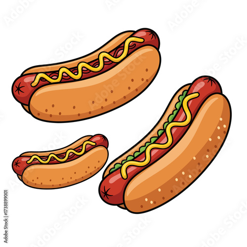 Three delicious cartoon hot dogs with mustard and relish illustration.