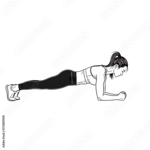 Detailed line art of a woman in plank position enhancing muscle strength endurance