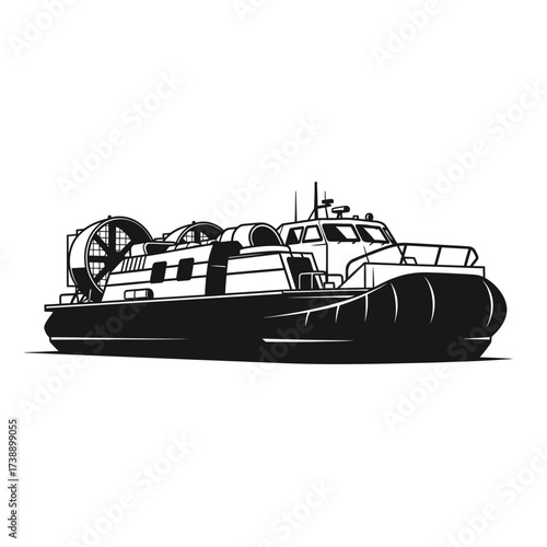 Monochrome depiction of hovercraft gliding with distinctive fan and cabin structure