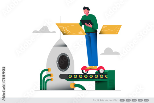 Startup concept illustration with a man on a hoverboard by a rocket