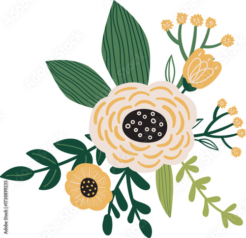 Stylized floral illustration with yellow and cream flowers and green leaves