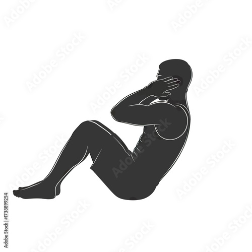 Monochrome depiction of a person performing a sit-up exercise in silhouette form