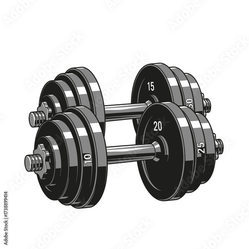 Monochrome illustration depicting a pair of heavy dumbbells for strength training workout