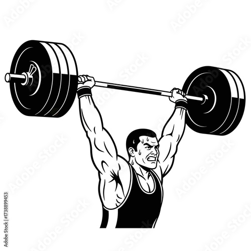 Weightlifter's intense concentration achieving powerful lifting motion with barbell exercise