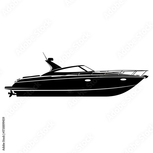 Sleek monochrome motor yacht illustration against a stark white backdrop minimalist style