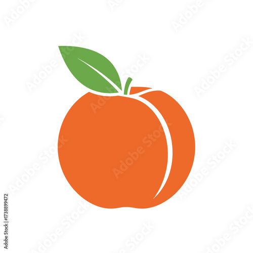 A simple and inviting illustration of a peach with a leaf on a white background
