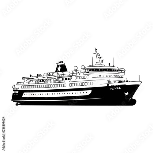 Monochrome vector illustration showcasing a passenger vessel navigating the ocean waters
