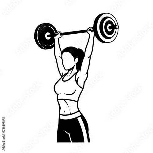 Monochrome vector illustration of a woman weightlifter in action demonstrating strength endurance