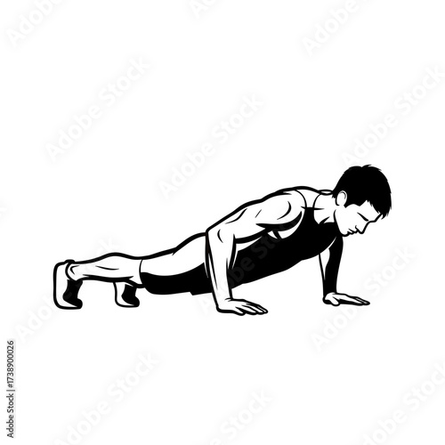 Monochrome illustration of a man doing a push-up fitness and training workout