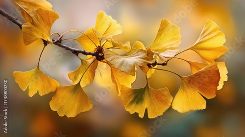 Elegant Ginkgo Biloba Leaves in Vivid Yellow Hues on Branch