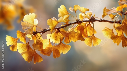 Golden Ginkgo Leaves on Branch Against a Soft Nature Background