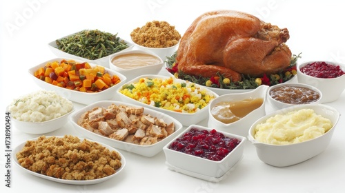 Traditional Thanksgiving Dinner Feast with Roast Turkey and All the Trimmings on a Dining Table