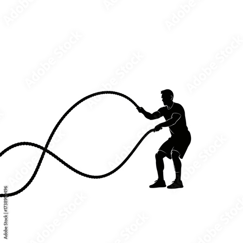 Silhouette of muscular man exercising with battle ropes intense workout scene indoors
