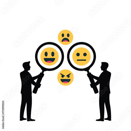 Two people examine different emoji faces with magnifying glasses