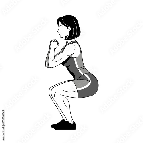 A focused monochrome illustration of a woman doing squats for physical fitness