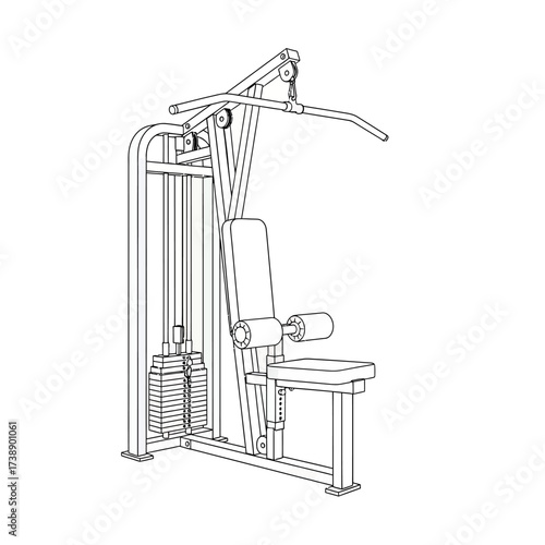 Linear illustration of a lat pulldown machine emphasizing structure and functionality for strength