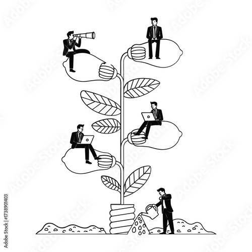 Business growth and innovation depicted as a plant with people on lightbulbs