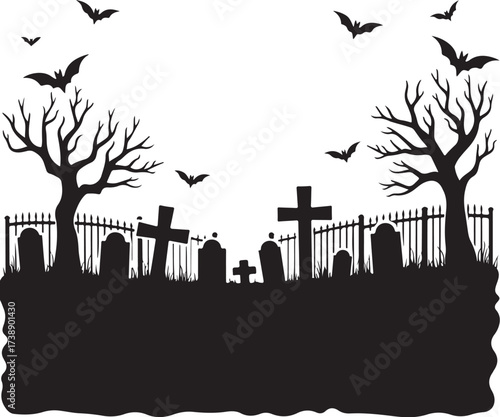 Halloween graveyard silhouette with bats and trees