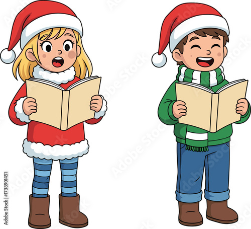Children singing Christmas carols, holiday celebration illustration, festive kids with Santa hats, cartoon vector drawing, joyful winter season tradition, holiday music