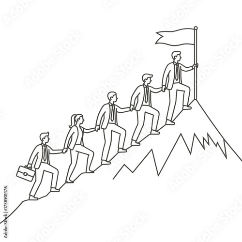 Teamwork and success climbing mountain summit with flag