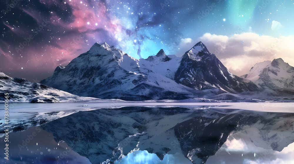 Obraz premium Snowy mountains under starry sky