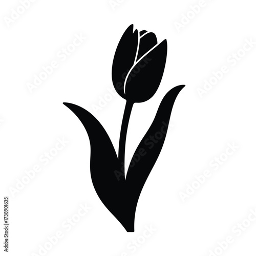 Simple black silhouette of a tulip flower with leaves